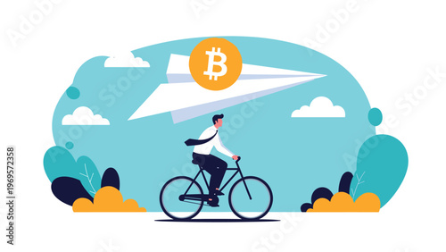 Professional businessman riding a bicycle towards a giant paper airplane carrying a bitcoin coin, symbolizing the fast-paced growth of digital assets.
