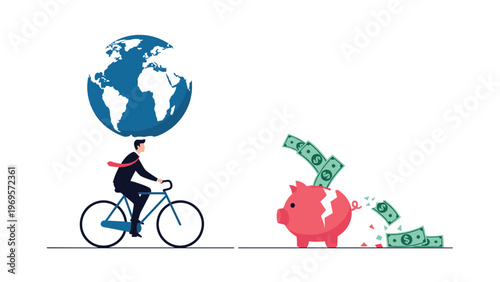 Businessman riding a bicycle while balancing a globe on his head, next to a broken piggy bank with falling cash, representing global economic shifts.