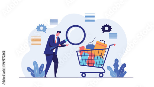 Businessman using a large magnifying glass to inspect products inside a shopping cart, symbolizing market research and quality control analysis.