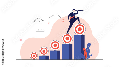 Visionary businessman standing on top of a bar chart made of targets and using a telescope to look into the future of his successful career.