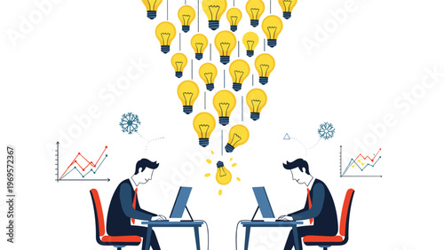 Two business people working on laptops while numerous light bulbs fall and converge into a single glowing bulb, symbolizing collective idea refinement.