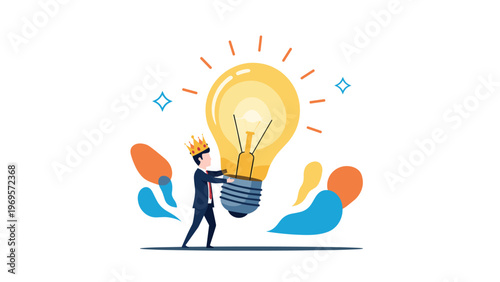 Professional businessman wearing a gold crown and holding a giant glowing light bulb, symbolizing the power of creative leadership and royal success.