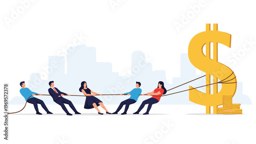 Team of business people working together to pull a giant golden dollar sign with ropes, illustrating collective financial goals and cooperation.