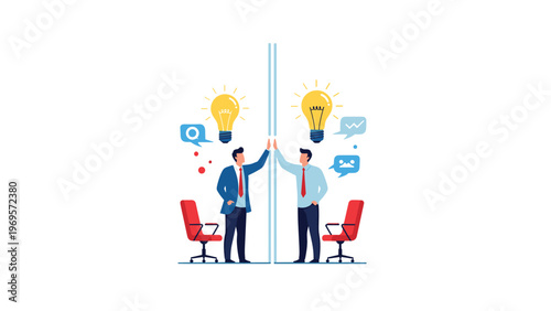 Two identical businessmen in suits high-fiving through a transparent glass partition, each with a glowing light bulb over their head, representing synergy.