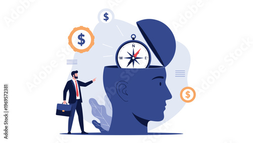 Businessman pointing towards a giant blue human head with its top open revealing a compass, representing guided thinking and strategic direction.