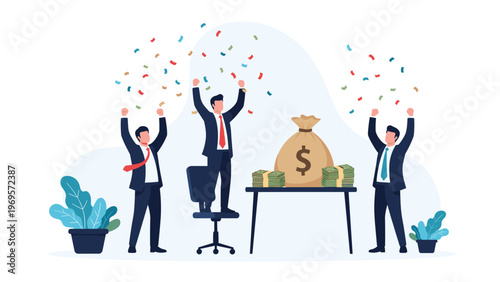 Three joyful business professionals celebrating with raised hands and confetti around a table with a giant money bag and stacks of cash.