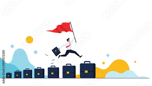 Determined businessman holding a red flag and jumping over hurdles made of briefcases of increasing size, representing career advancement and success.