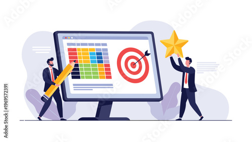 Professional business team analyzing performance data and setting target goals to achieve high company success and recognition.