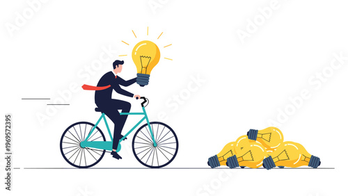 Businessman riding a bicycle while holding a glowing light bulb, passing by a pile of other light bulbs on the ground, representing unique innovation.
