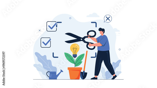 Businessman using giant scissors to carefully trim a growing plant with a glowing light bulb on top, symbolizing idea cultivation and refinement.
