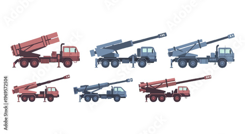 Military Artillery Vehicle Vector Set, Tactical Missile Launcher System, Heavy Defense Truck, and Modern War Weapon Illustration in Flat Design Style.