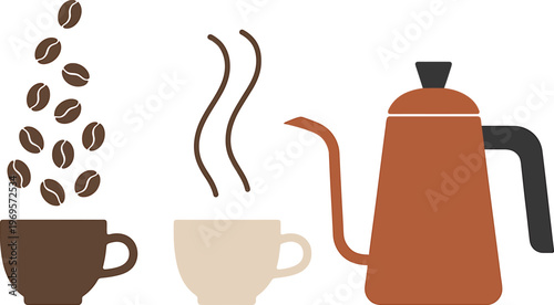 A coffee pot and cups with coffee beans