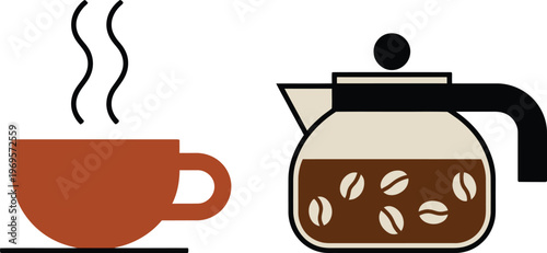 A coffee cup and a coffee pot on a white background
