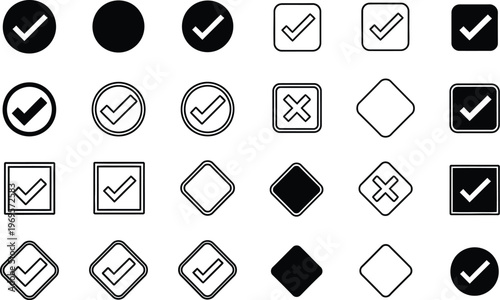 Collection of black and white checkmark icons in various shapes