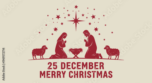 Christmas Nativity Scene with Mary, Joseph, Baby Jesus, Sheep, and Star