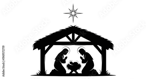Christmas Nativity Scene Silhouette with Star of Bethlehem and Holy Family