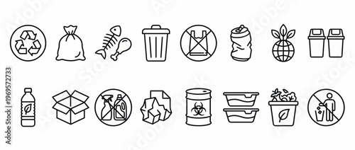 Waste management vector icons set including recycling symbol, trash bags, containers and pollution