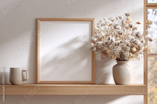 Blank wooden picture frame mockup with dried flowers and coffee mug