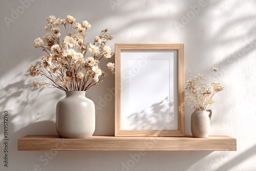 Minimalist wooden picture frame mockup with dried flowers on a shelf