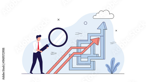 Determined professional investigating complex path to success through maze of rising arrows using large magnifying glass to find best business solution.