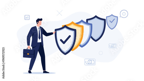 Confident businessman walking past series of protective shields with checkmarks representing multiple layers of security and reliable safety protocols.
