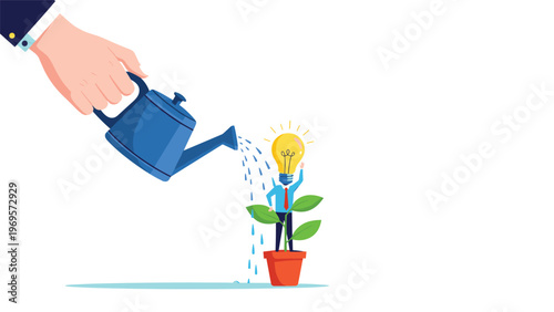 Giant hand watering small figure with glowing lightbulb head growing in flowerpot representing nurturing of creative business ideas and innovation.