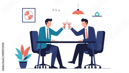 Successful business partners celebrating partnership deal with martinis while sitting at office desk together after productive meeting and negotiation.