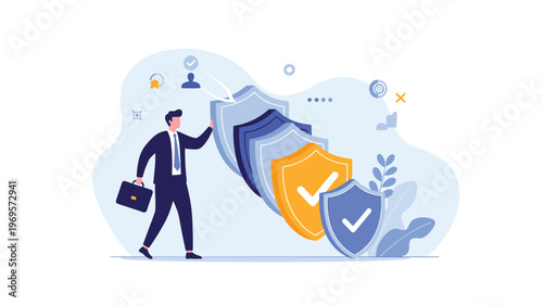 Professional businessman interacting with series of protective shields with checkmarks symbolizing choice of security plans and insurance coverage options.