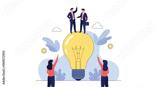 Creative team of professionals collaborating around a massive light bulb to brainstorm new business ideas and innovative solutions.