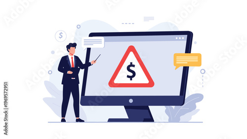 Financial expert pointing at computer screen displaying money warning sign representing risk analysis and economic alert system for corporate safety.
