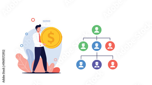 Professional businessman holding large gold coin standing beside corporate organizational chart representing company funding and management hierarchy.