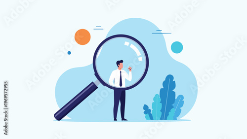 Large magnifying glass providing detailed view of professional businessman representing recruitment search and individual employee performance evaluation.