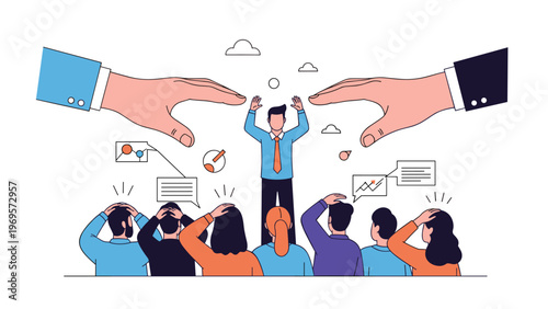 Business manager standing with hands up in front of a crowd while giant hands reach out to symbolize overwhelming corporate pressure.