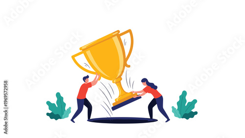 Two professional people pushing large golden trophy into dark hole representing loss of success, unexpected failure, or corporate disaster situations.