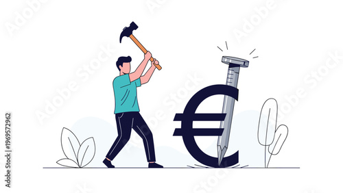 Determined man using heavy hammer to drive large nail through blue euro currency symbol representing financial stability and fixed exchange rates today.