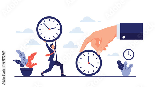 Busy office worker carrying a large clock while a giant hand places another one to represent tight deadlines and time-sensitive tasks.