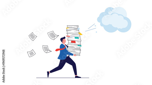 Stressed businessman running while carrying a massive stack of paperwork to meet urgent office deadlines and manage heavy workload.