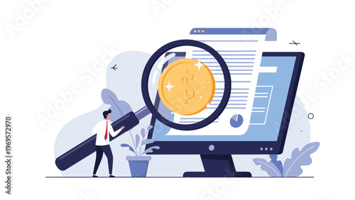Professional financial auditor using a magnifying glass to inspect a digital document and dollar coin on a computer for budget review.
