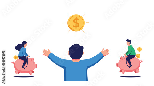 Competitive business people riding pink piggy banks and racing towards a large golden dollar coin to symbolize financial wealth goals.