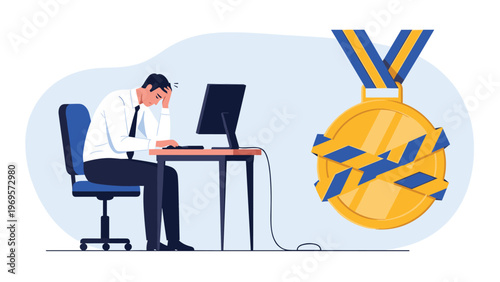 Frustrated businessman sitting at his desk next to a giant golden medal wrapped in yellow warning tape to represent blocked success.