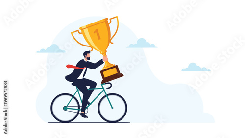Triumphant businessman riding a bicycle while proudly holding a large golden trophy to celebrate his professional career achievement.