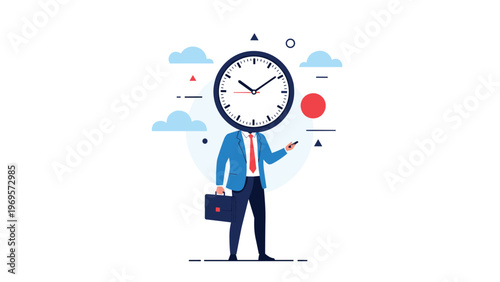 Professional businessman with large clock as head holding briefcase representing strict schedule and value of time in busy modern corporate environment.