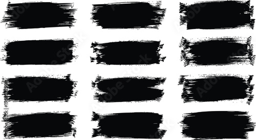 Abstract brush stroke collection nine black textural shapes on white background