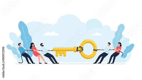 Collaborative teams of business professionals working together to pull a giant golden key for unlocking new company opportunities.