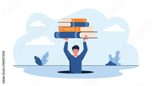 Student standing in a dark hole and holding a heavy stack of textbooks above his head to represent the burden of education.