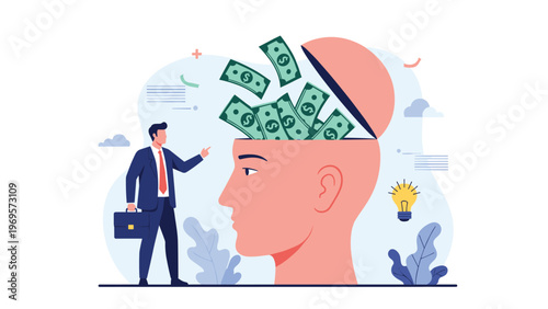 Conceptual image of dollar bills falling into an open human head while a businessman points and observes the process.
