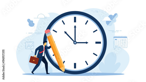 Businessman using a giant pencil as a lever to move the hands of a massive analog clock and manage his project deadlines.