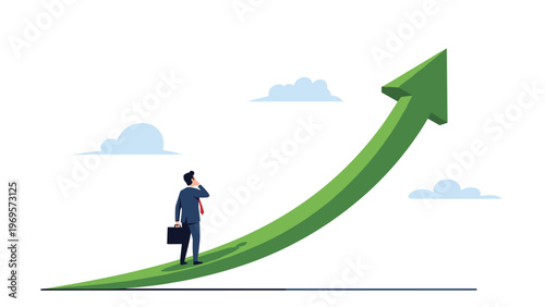 Small businessman standing and looking up in awe at a massive green arrow that is soaring upwards into the sky above him.