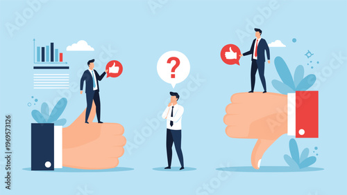 Confused man with a question mark thinking between two options presented on large thumbs up and thumbs down hand signs.