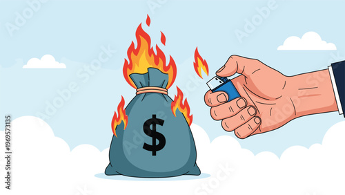 Close-up of a giant hand using a blue lighter to set fire to a burlap money bag with a black dollar sign on its surface.